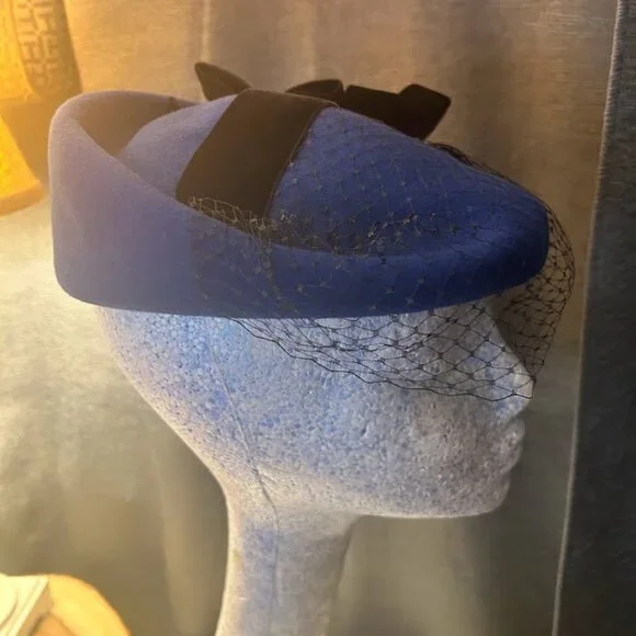 Vintage Betmar Hat Blue Felt Fashion Vintage Wool Hat, 80s Glamour, Navy Blue Orchid Feather  main image 2